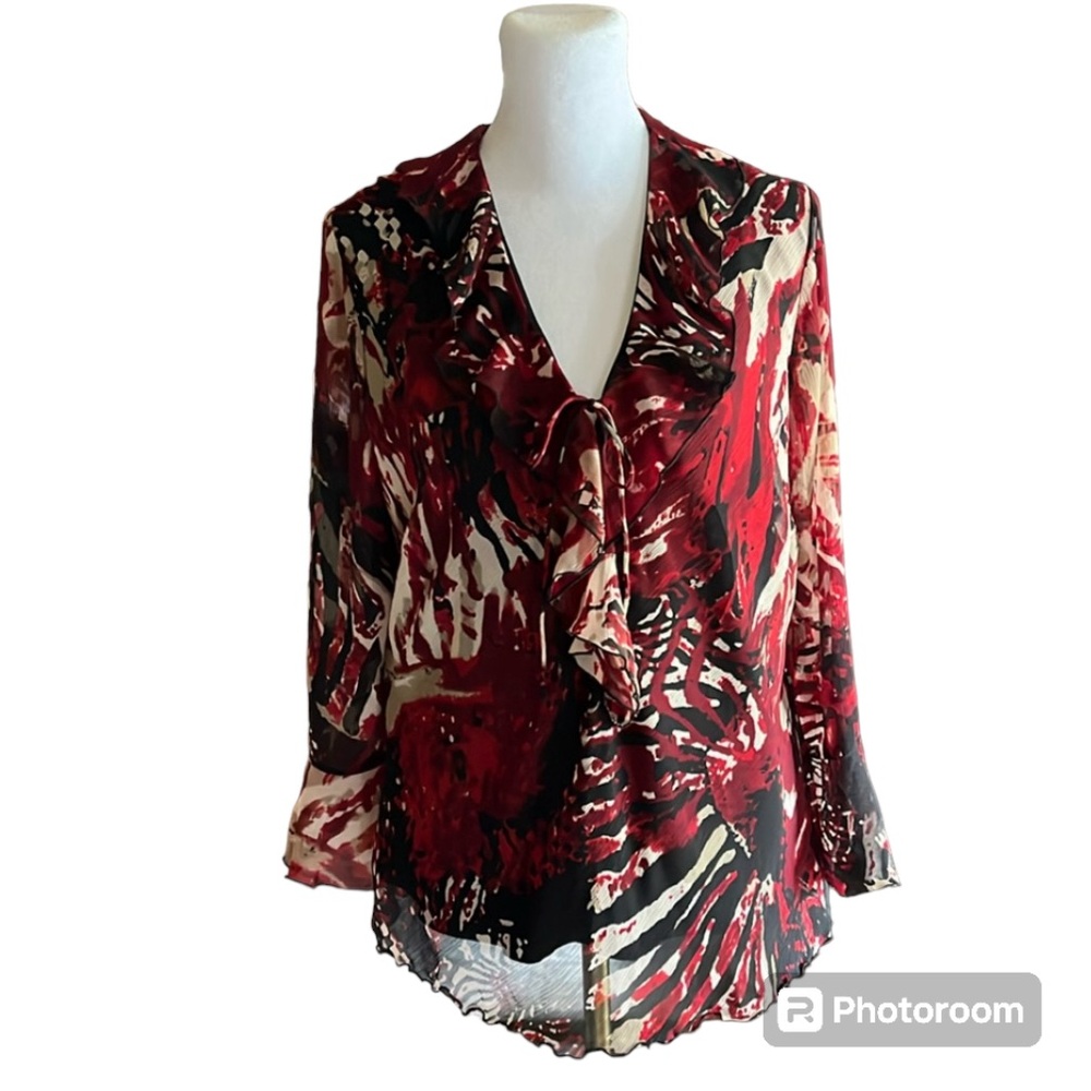 Dressbarn Abstract Print Layered Bell Sleeve Ruffled Top Size L